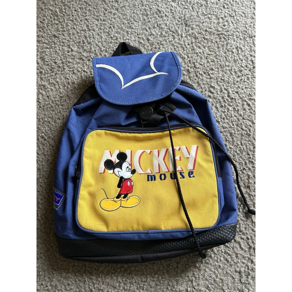 Vintage Mickey Mouse Disney Backpack Blue & Yellow Kids Drawsting W/ Buckle